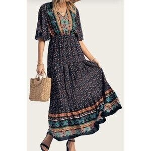 Pretty Garden Boho Maxi Dress Womens M Short Sleeve Floral
